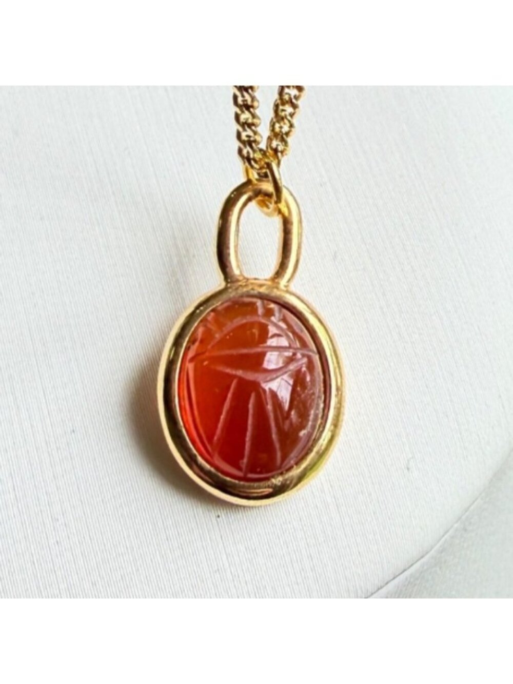 Vintage Amber Gold Scarab Necklace Genuine Stone Pendant 1970s - Picture 3 of 9